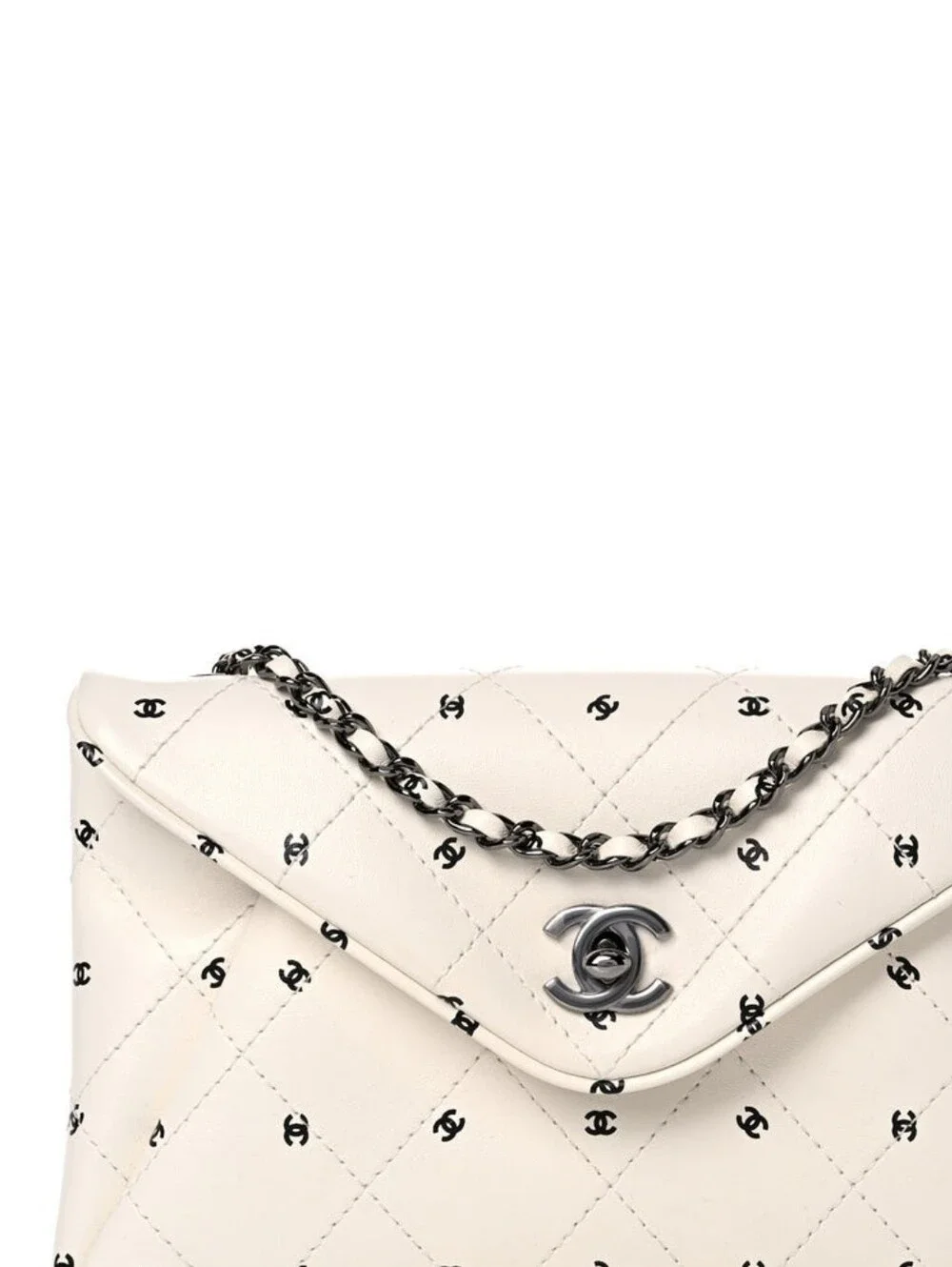 Printed Lambskin Logo CC Envelope Clutch With Chain White